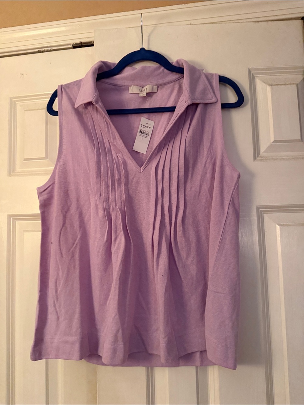 LOFT Lavender Sleeveless Pleated V-Neck Collared Top
